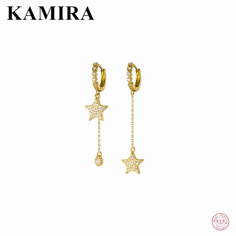

KAMIRA Real 925 Sterling Silver Bohemian Luxury Star Tassel Drop Earrings for Women Party Cute Pendant 18k Gold Jewelry Gift Hot