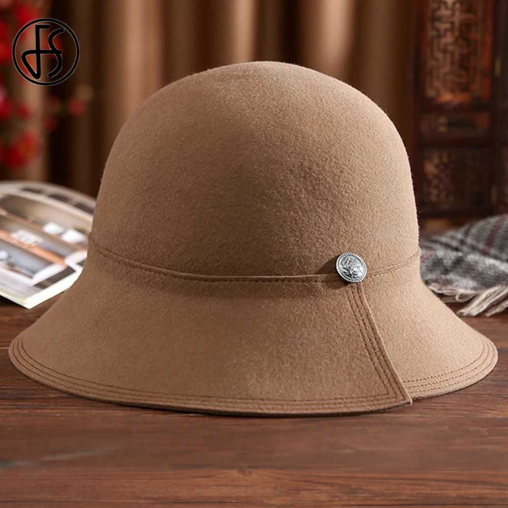 

FS British Style Wool Felt Dome Top Fedora Hats For Women Autumn Winter Church Cloche Derby Hat Fedoras Knight Bowler Cap Button