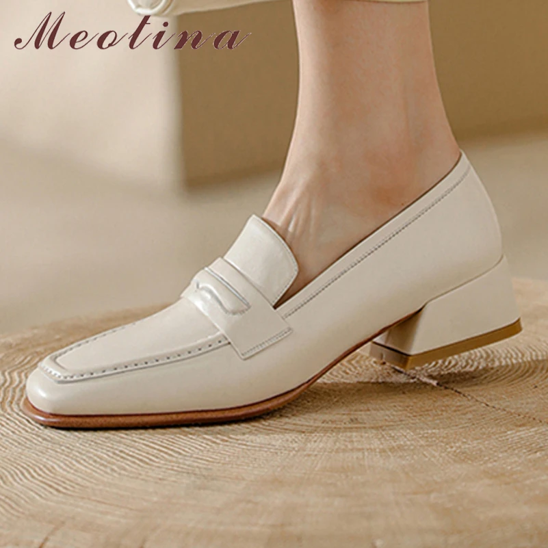 

Meotina Women Loafers Shoes Genuine Leather Thick Heels Causal Pumps Square Toe Med Heel Ladies Footwear Spring Autumn Beige 40
