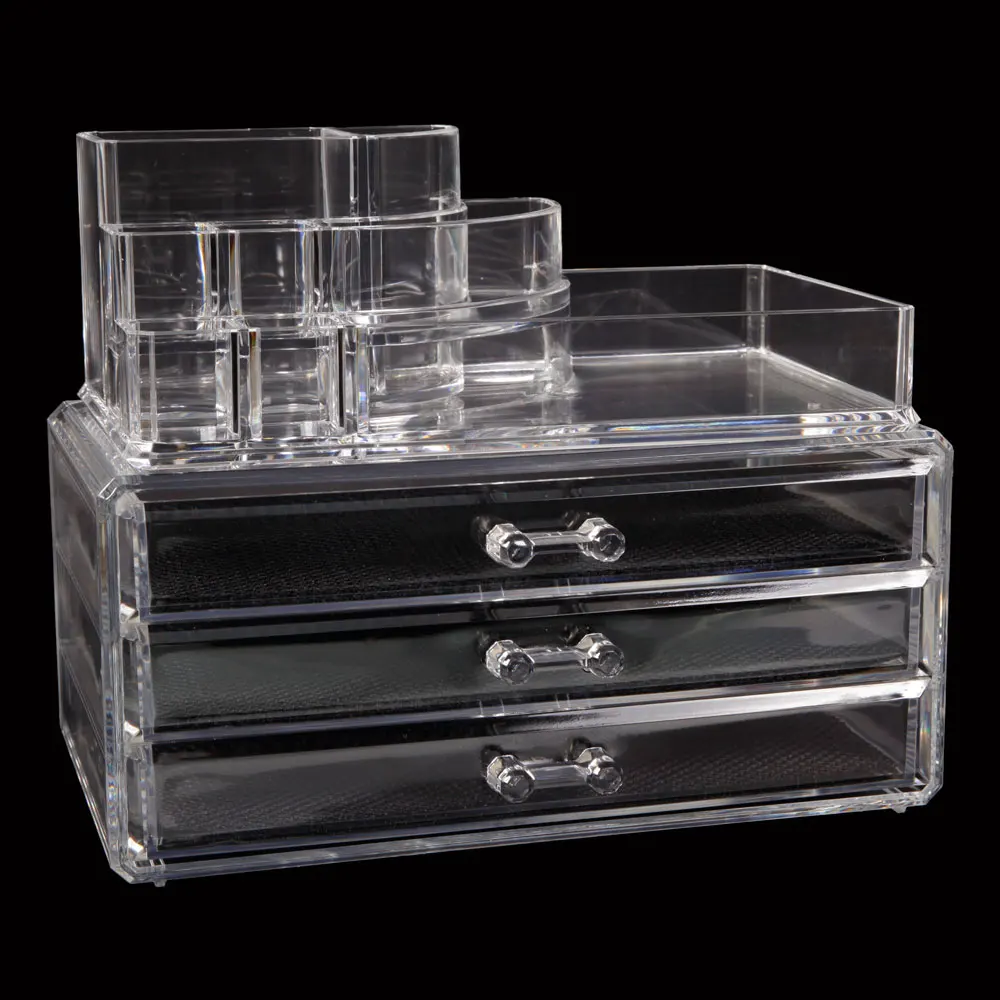 

Portable and Stylish RectangularPlastic Transparent Makeup Case with 3-Layer Drawers 180821108