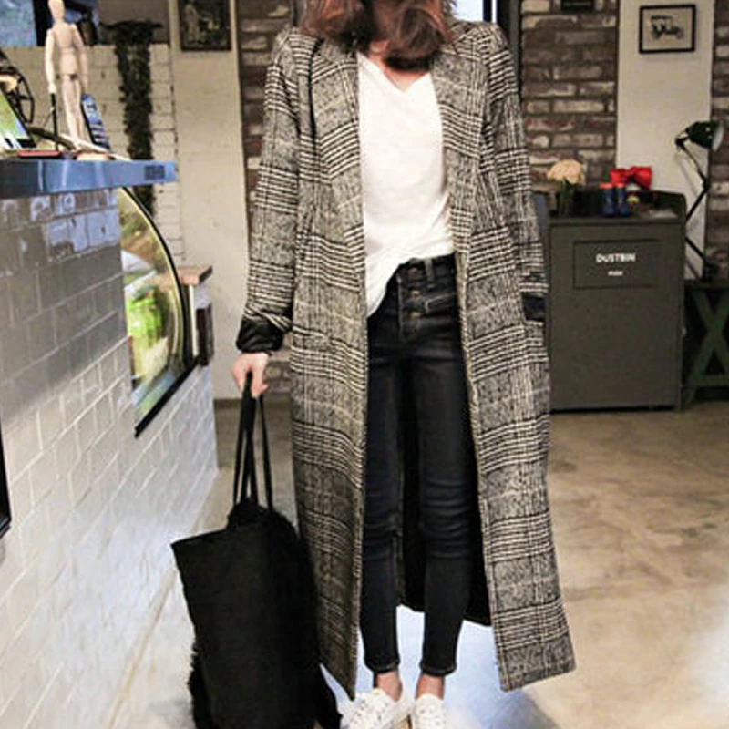 Женское шерстяное клетчатое пальто новая мода длинное 2019 Осень Зима Теплые