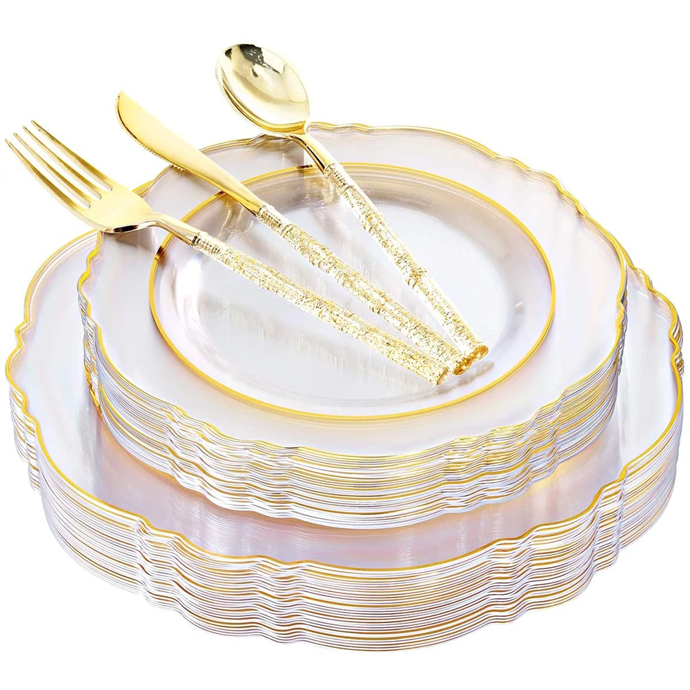 

50 Pcs Disposable Tableware Baroque Transparent Golden Plastic Plate Silverware With Glitter Suitable for Weddings and Parties