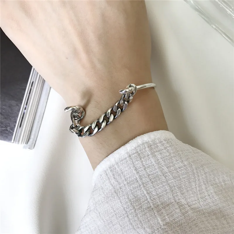 

RUIYI Real 925 Sterling Silver Women Minimalist Half Weaving Chain Half Bangles Female Fashion Vintage Exquisite Gifts Bangles