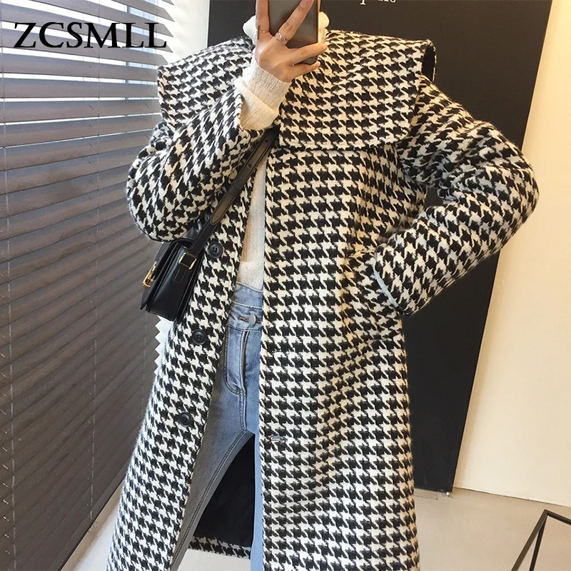 ZCSMLL Korean chic autumn and winter retro houndstooth navy collar single-breasted loose over the knee long woolen coat women
