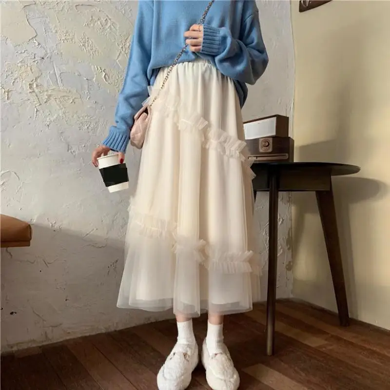 

New Mesh Long Skirts For Women Harajuku Korean Style White Black Maxi Skirt For Teenagers High Waist Skirt School Student Skirts