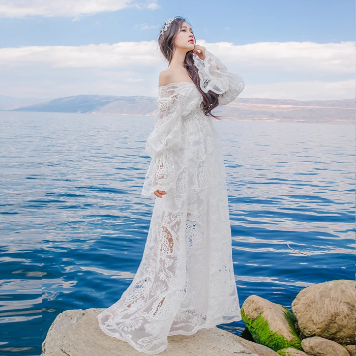 Женское длинное платье с открытыми плечами Boho белое кружевное LX1522|Женские