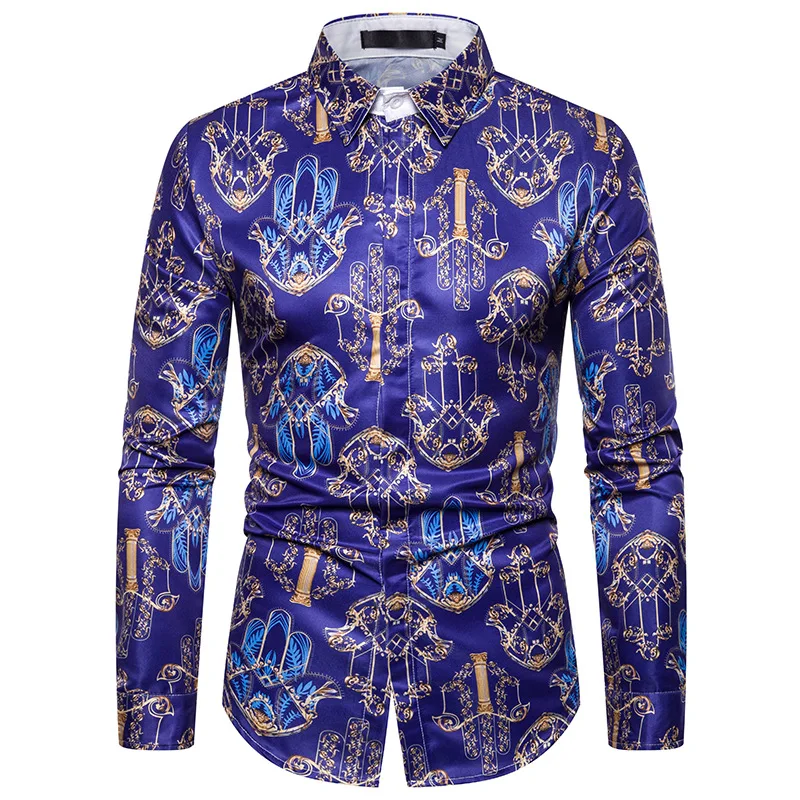 Luxury Royal Mens Shirts Casual Slim Fit Cross Gemstone Printed Long Sleeve Slim Fit Chemise Homme Men Prom Party Tuxedo Shirt