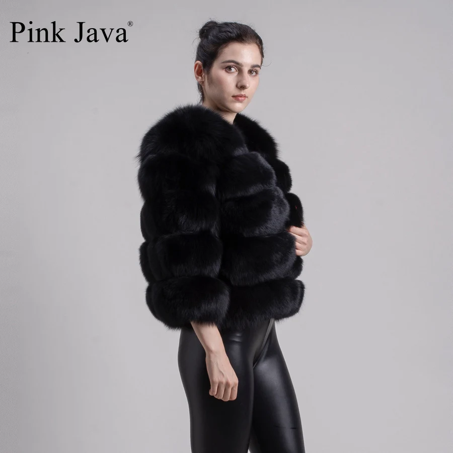 Розовая Java QC1801 шуба из натурального Лисьего меха женская зимняя Толстая Меховая куртка короткая шуба натуральный Лисий короткий рукав