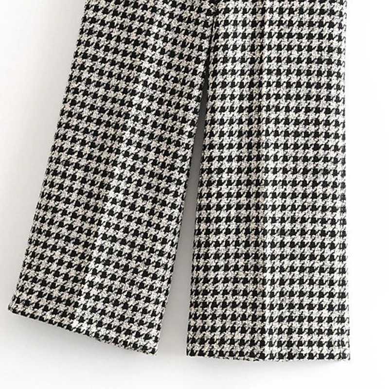 Plaid Printed Tweed Pants Women Loose Wide Leg Trousers Elegant Ladies Houndstooth Office Bottoms Female Pockets Patns | Женская одежда