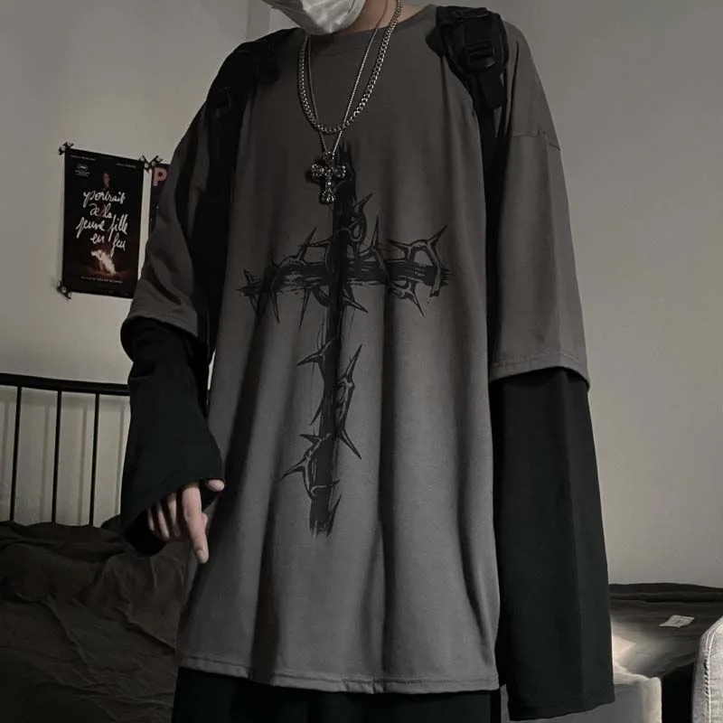 

Gothic Men's Printed Long Sleeve T-Shirt Fake 2 Pieces Round Neck Oversized Men Women Tops Cross Hip Hop Unisex Clothing