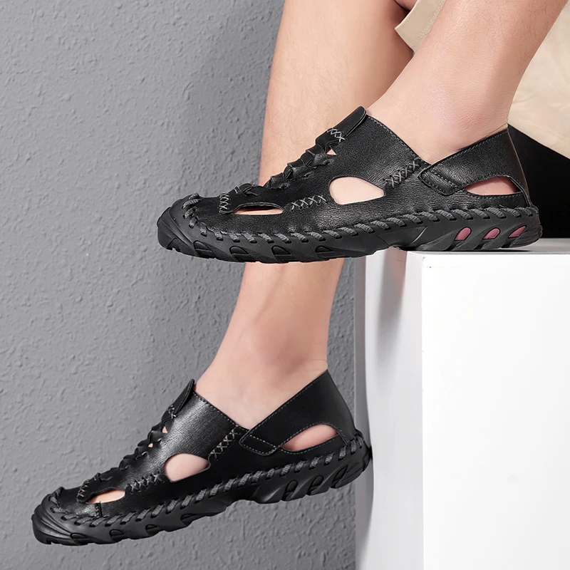 Сандалии мужские из натуральной воловьей кожи ручной работы дышащие босоножки