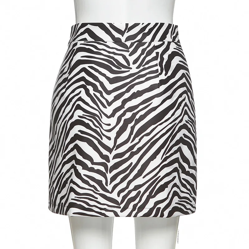 

Streetwear Zebra Print Skirt Women Casual A-Line Mini Skirts with Chian Harajuku White Black Print Short Skirt Jupe Femme