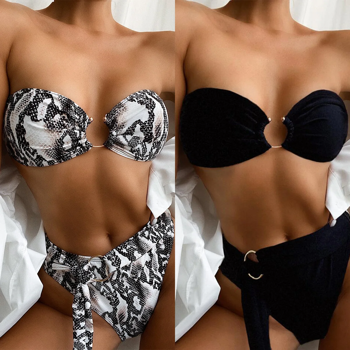 

Sexy Snake Pattern Bikini Tube Top Women's Swimsuit Underwire Bikini Thong Suit Ladies Summer Fashion Ladies Swimming Beachwear
