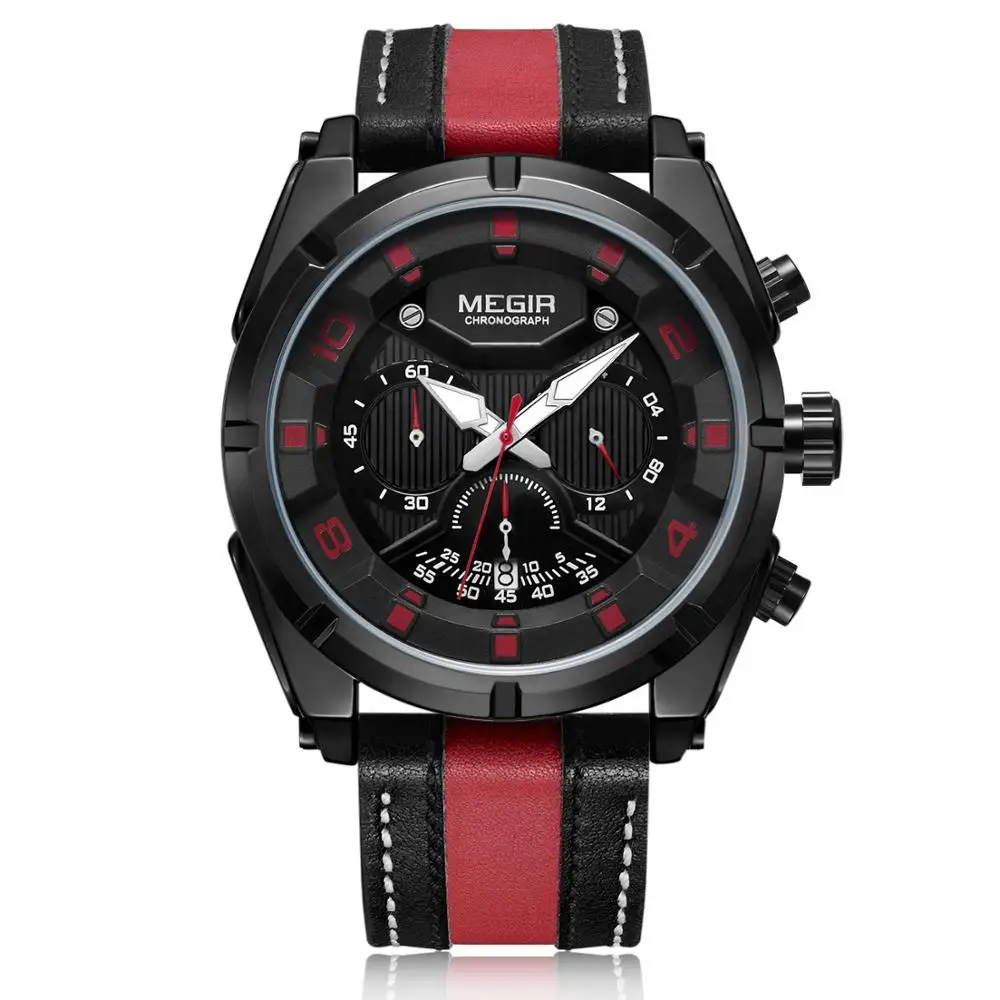 Часы MEGIR Мужские кварцевые с хронографом модные спортивные аналоговые кожаным