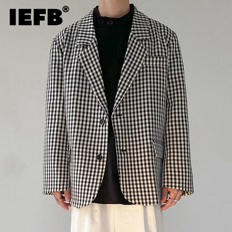 

Мужская одежда IEFB, черно-белые клетчатые блейзеры в стиле ретро, новинка 2021, свободный однобортный жакет с отложным воротником, Корейская од...