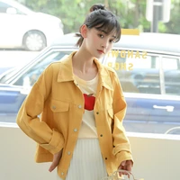 2021 autumn new korean loose tooling jacket womens yellow short denim jacket fashion