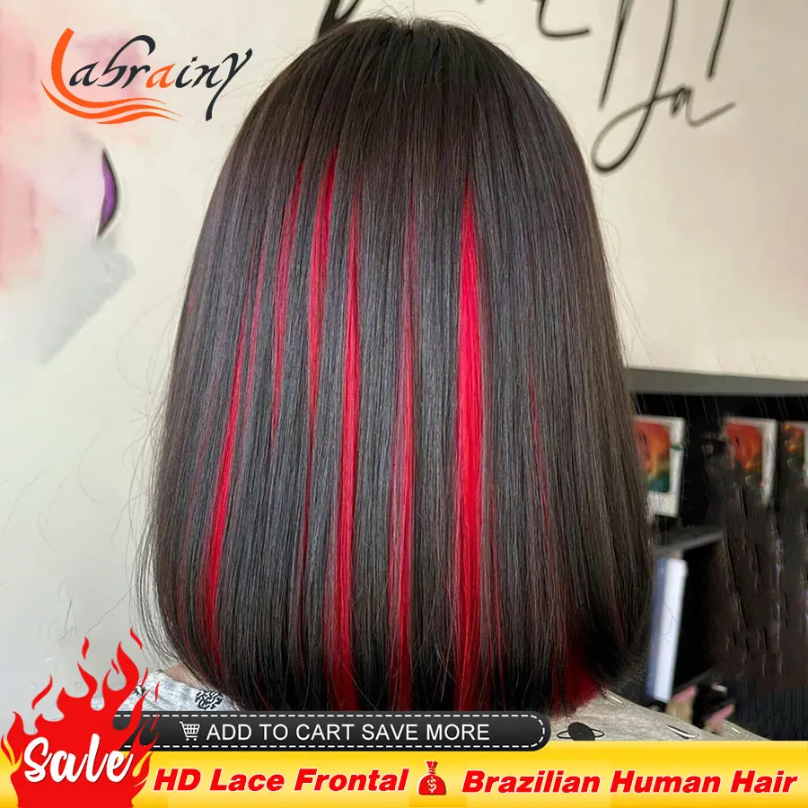 

13x4 HD Lace Front Highlight Red Colored Straight Bob Brazilian Human Hair Wig Lace Frontal Burgundy 99j Wigs Woman 13X6x2