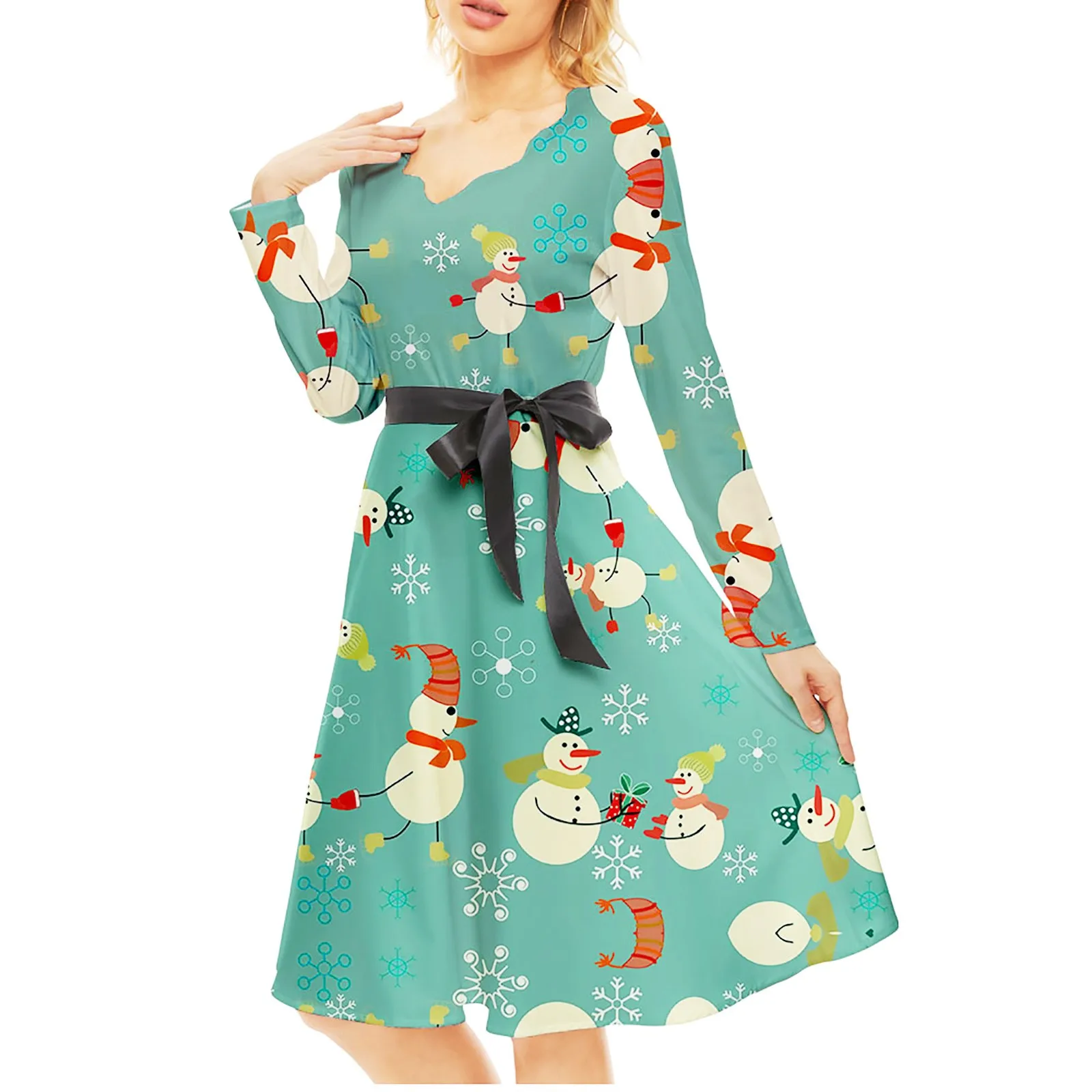 

Женское Повседневное платье с длинным рукавом, свободное ТРАПЕЦИЕВИДНОЕ Повседневное платье с принтом Санта-Клауса и снежинок