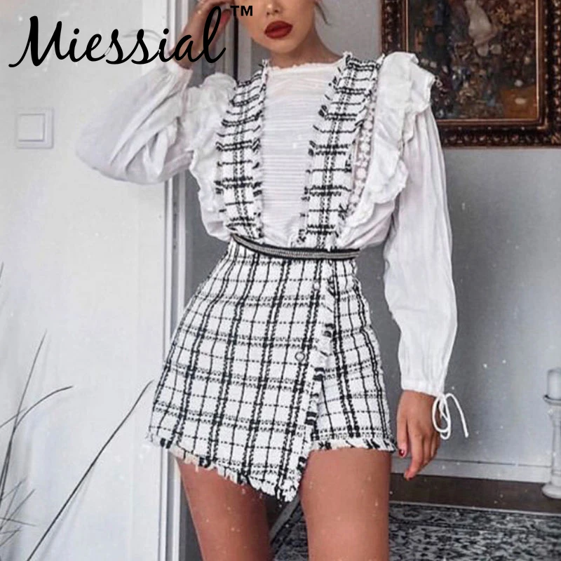Miessial, твид, высокая талия, элегантная юбка-шорты, юбка-брюки, женские сексуальные вечерние юбки, для клуба, бахрома, ремень, а-силуэт, мини-юбка