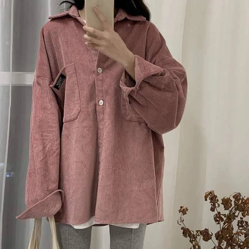 

Рубашка Lucyever Женская Вельветовая с отложным воротником, свободная блузка розового цвета, универсальная одежда для работы, осень 2021