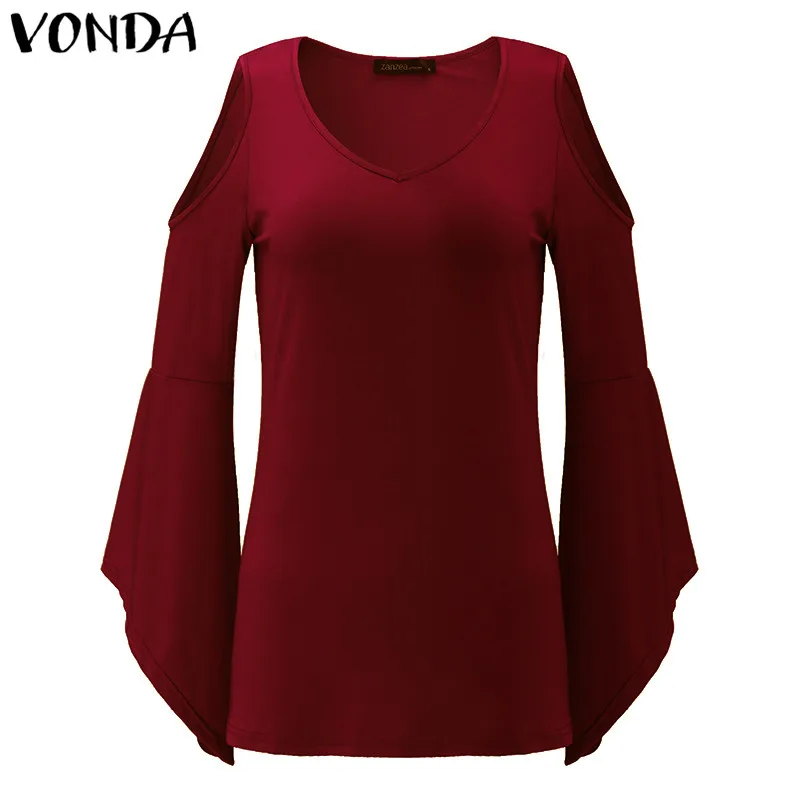 

Maternity Blouses And Tops 2021 VONDA Sexy Women Trumpet Sleeve Off Shoulder V-Neck Blouse Loose Pregnancy Shirts Femme Blusas