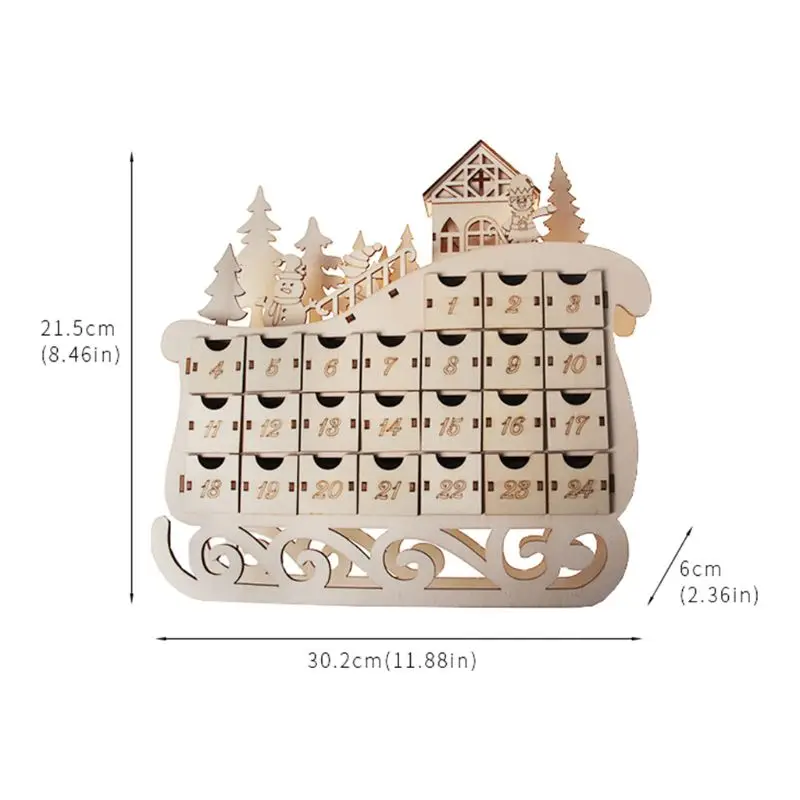 

Sleigh Wooden Advent Calendar Countdown Christmas Party Decor 24 Drawers with LED Light