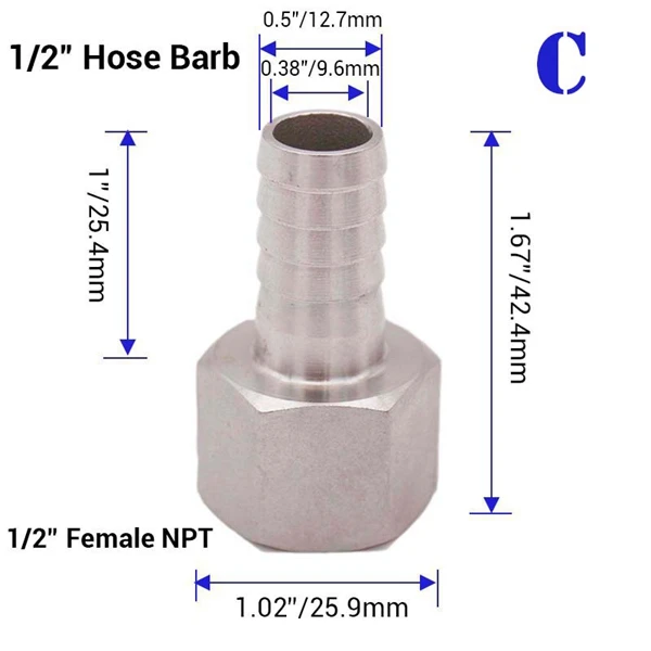 C Homebrew пиво 1/" NPT шланг Barb 304 нержавеющая сталь пищевой пивной комплектующие для насоса фитинг - Цвет: C