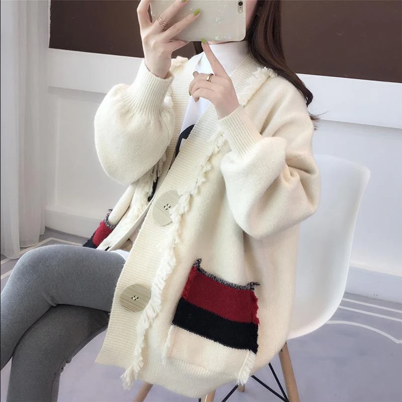

Women Autumn Winter Long Sleeves Knitted Cardigan Sweater Solid Color Single-breasted Tassel Coat Loose Overcoat with Double Poc