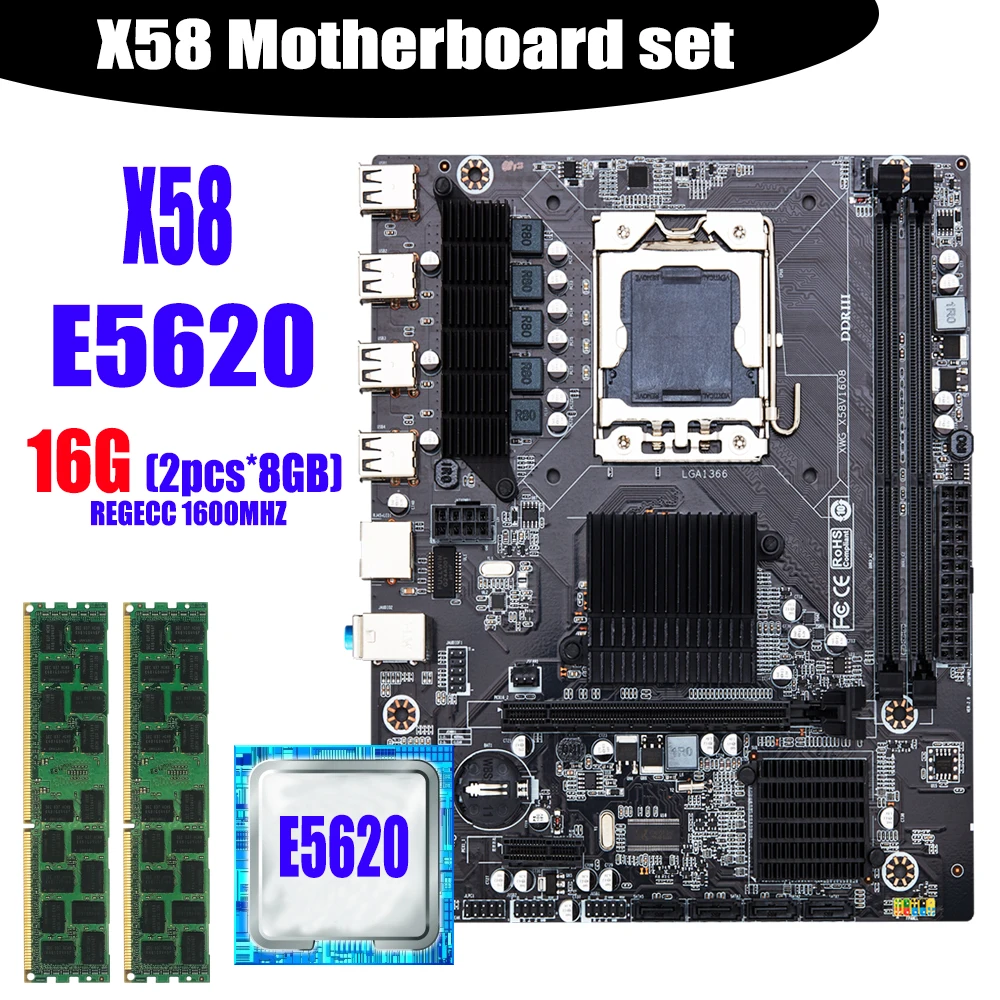 X58 настольная материнская плата LGA1366 набор с процессором Intel xeon E5620 и 16 Гб (2шт * 8 ГБ)
