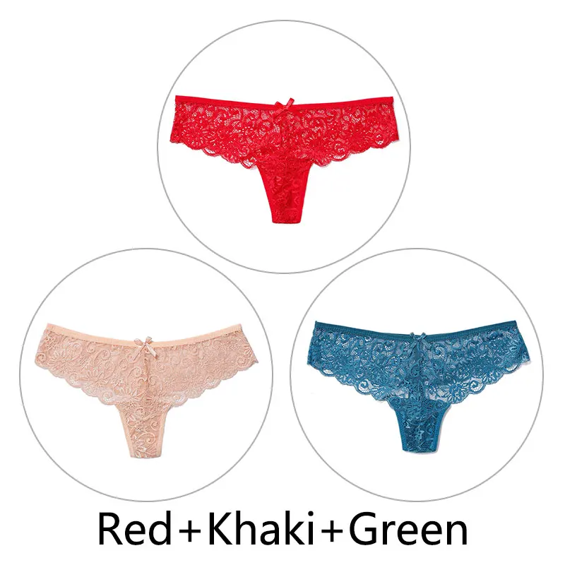 Red Khaki Green 3 шт., сексуальные кружевные трусики женские стринги и стринги, открытая низкая талия, нижнее белье, прозрачные танга, женское нижнее белье, дышащее - Цвет: Red Khaki Green