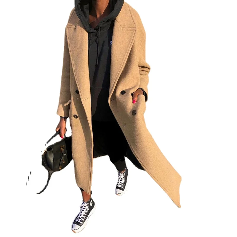 

Casual Autumn Women Commuter Pocket Jacket Elegant Double Breasted Straight Outerwear Fashion Lapel Solid New Long Sleeve Coats