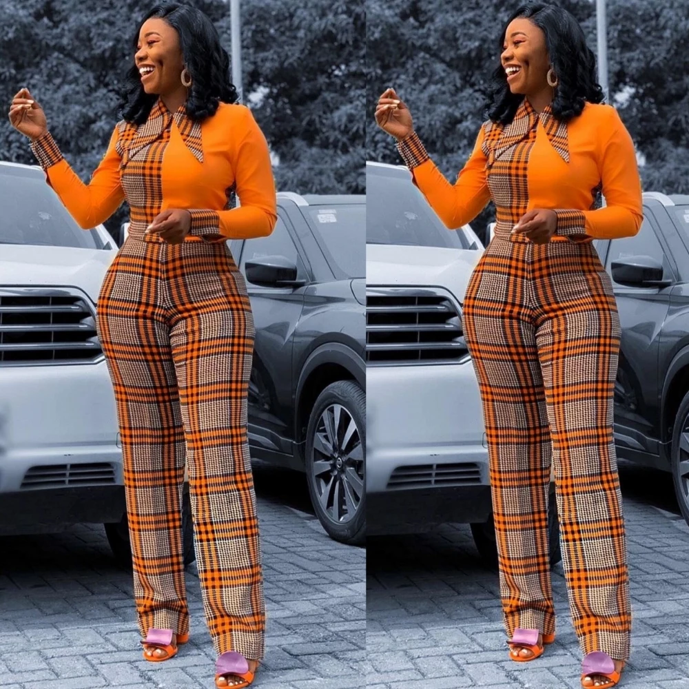 

Autumn Africa Jumpsuits Women Bodycon Rompers Fashion Casual Plaid And Solid Orange Patchwork Bodysuit Islamic Clothing