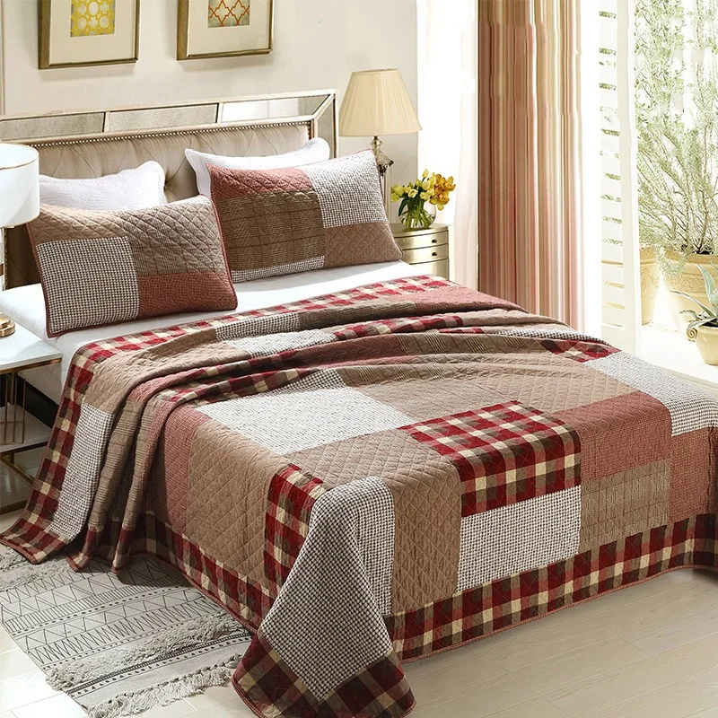 

Plaid Bedspread on the Bed Cotton Quilt 3pcs Set Quilted Double Blanket Bed Cover Patchwork Pillow Shams Queen Size Coverlet