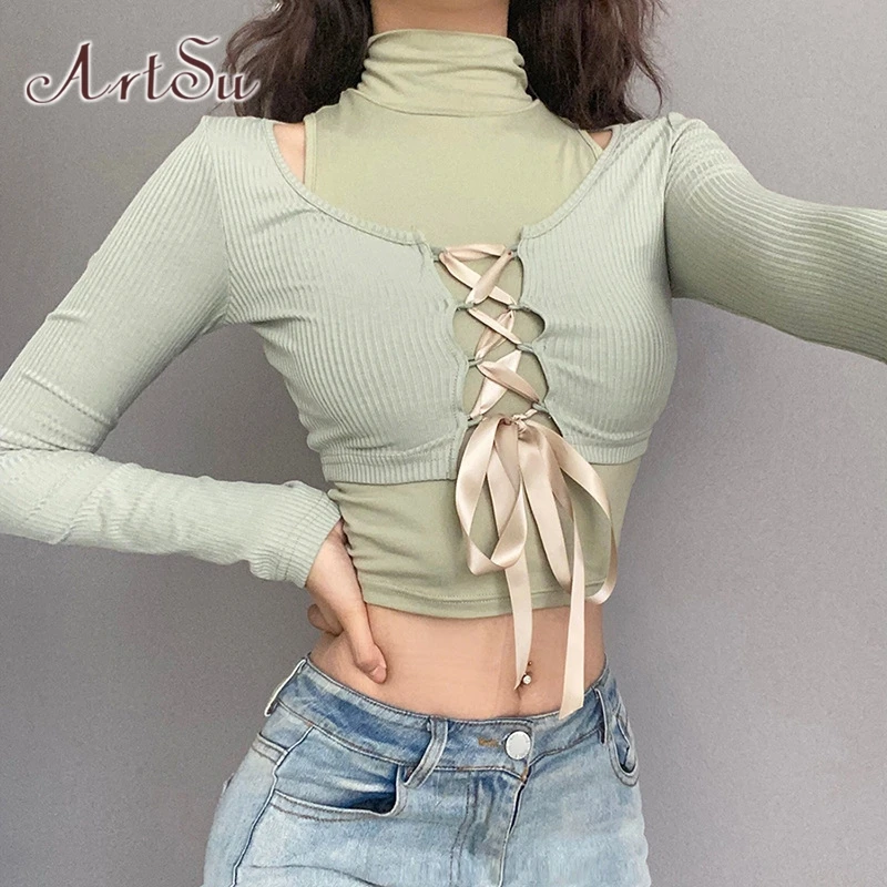 

ArtSu Green T-Shirt Women Y2K Clothes Turtleneck 2 Piece Tshirt Long Sleeve Top Streetwear Sexy Lace Up Bodycon Crop Tee Shirts