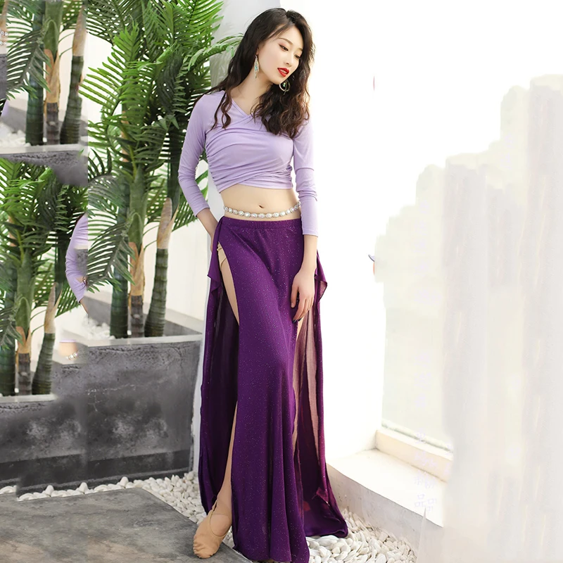 

New style belly dance costume fall/winter women's V-neck shirt split sequined long skirt oriental dance performance costume