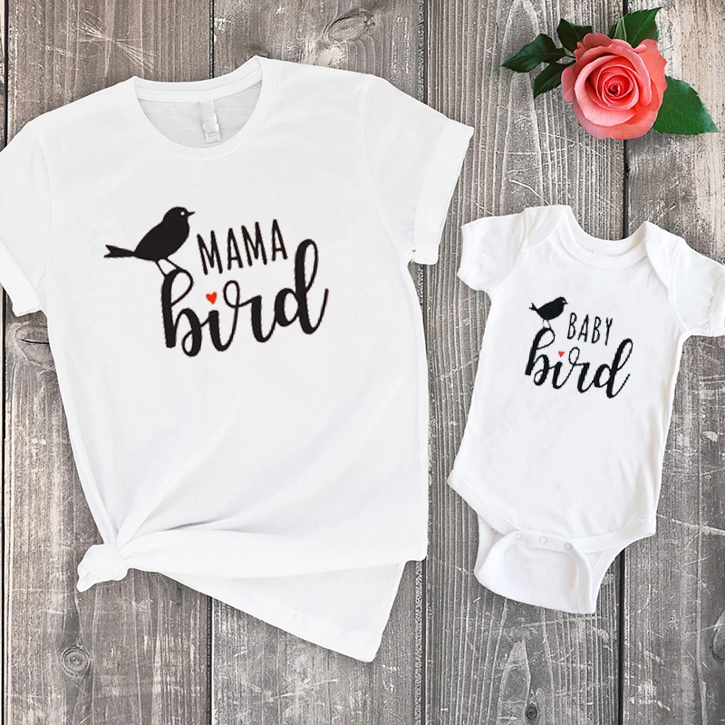 

Mama Bird Tee Baby Mom and Daughter Matching Clothes Casual Print Mama Bird Family Shirts Set Matching M