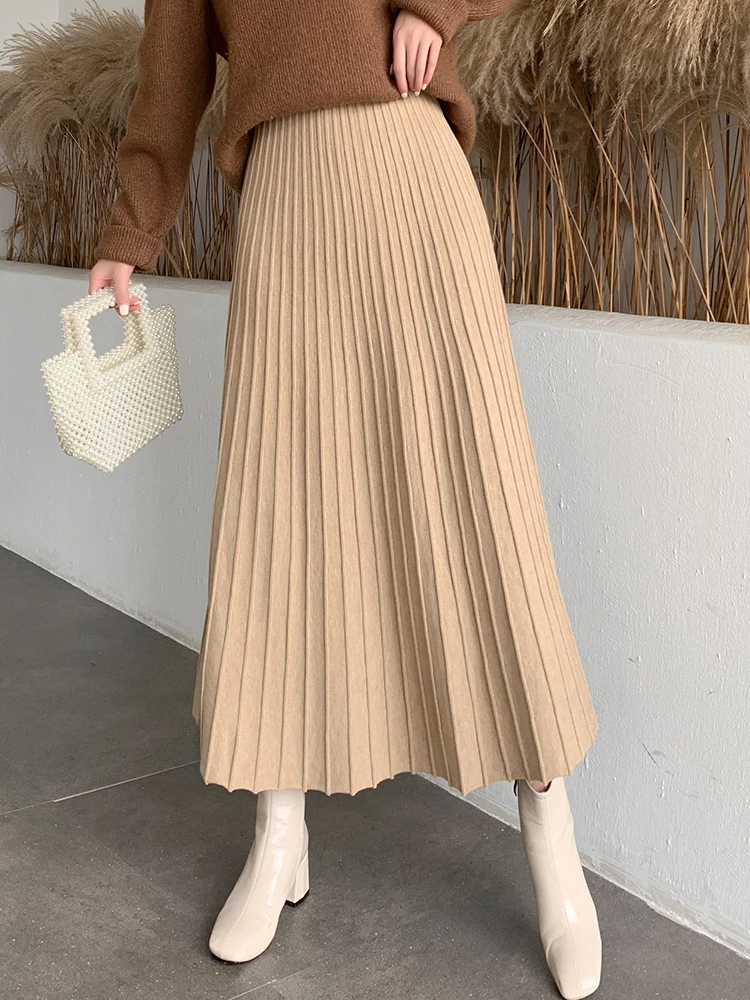 

Knitted Long Midi Skirts Women Elastic Waist Thicken Elegant Autumn Winter A-Line Knitwear Striped Casual Harajuku Vintage