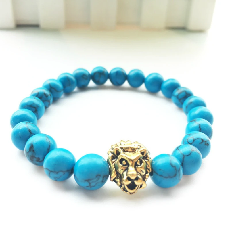 

7 Colors Clssic Natural Frosted Volcanic Stone Hand String Beads Bracelet Charm Lion Head Shape Bangle for Women Men Jewelry