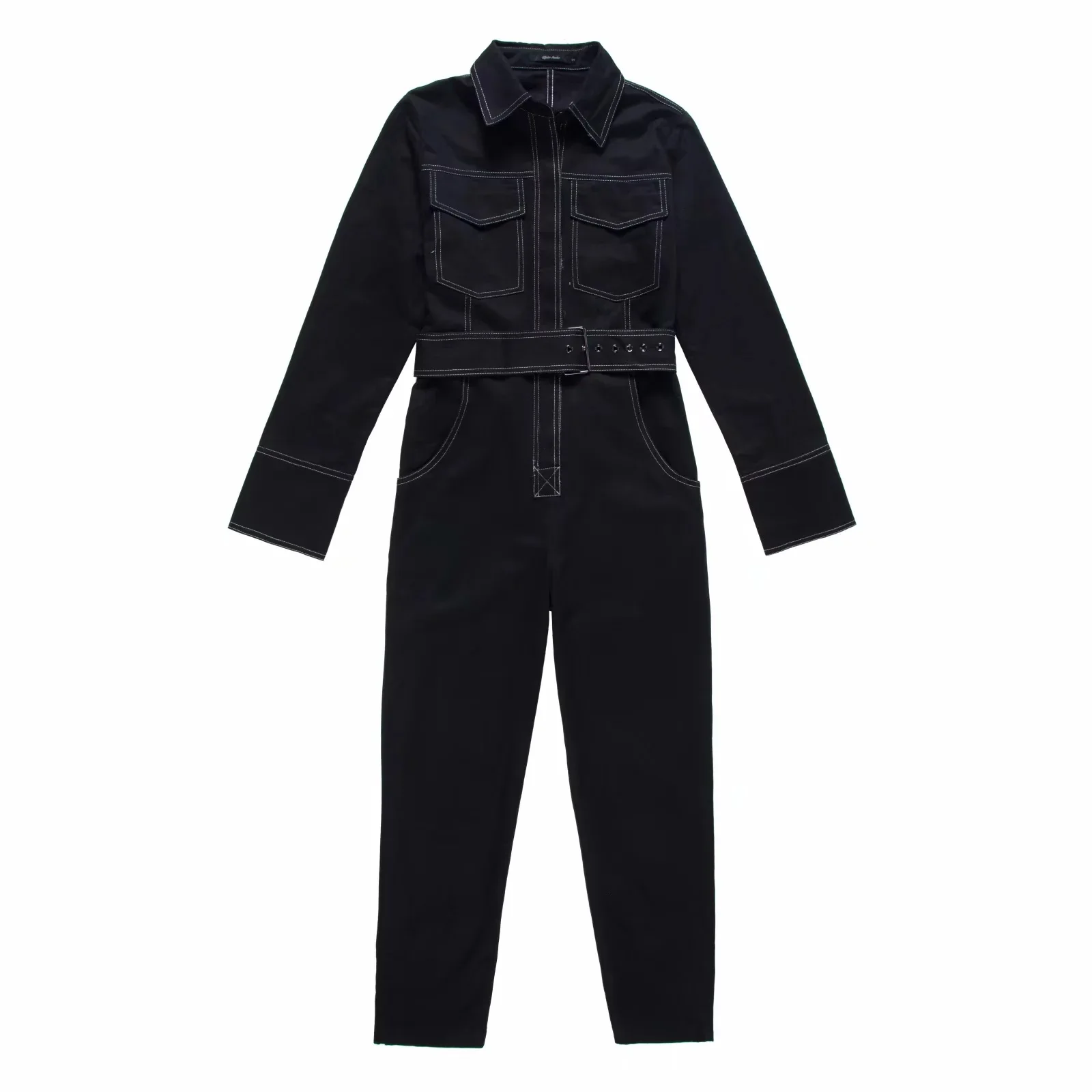 

Europe Ins Casual Contrast Color Jeans Overalls Women's Long Sleeve One-piece Overalls Straps Jumpsuit Trousers