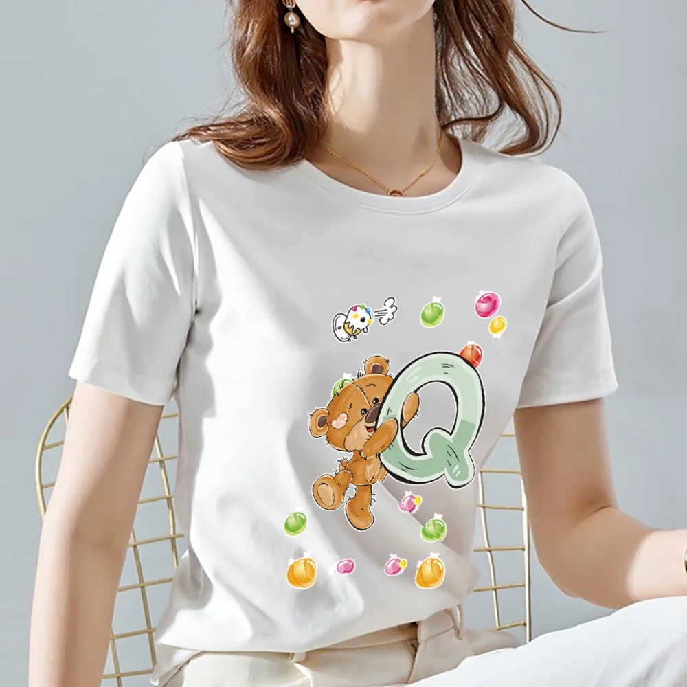 

26 English Q Letter Women's T-shirt INS Style White Cute Cartoon Bear Print Series Top Ladies Casual O-neck Slim Short Sleeve