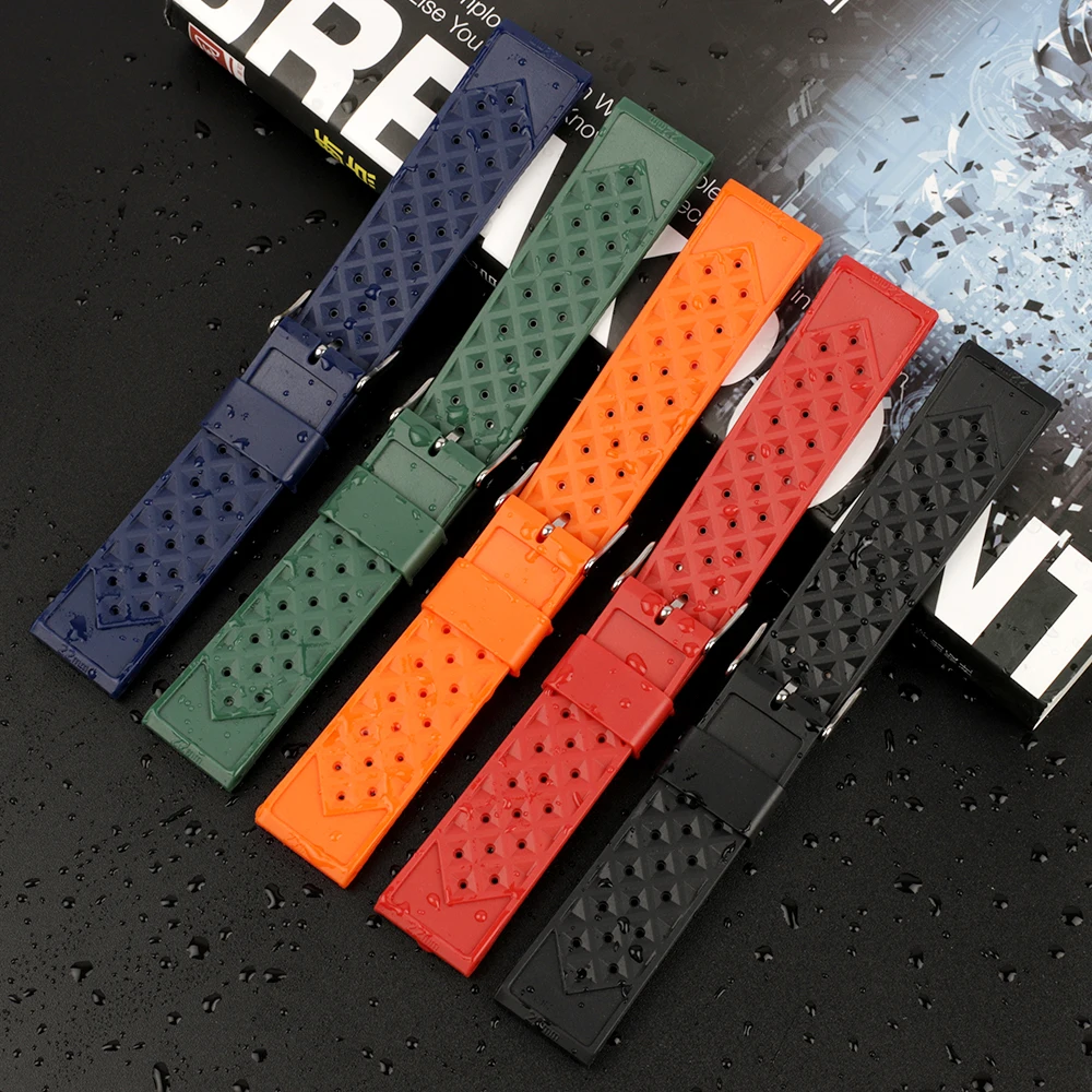 Tropical Fluorine Rubber Watch Band 20mm 22mm Waterproof Porous Breathable Diving Sport Men Women Watch Strap Replacement