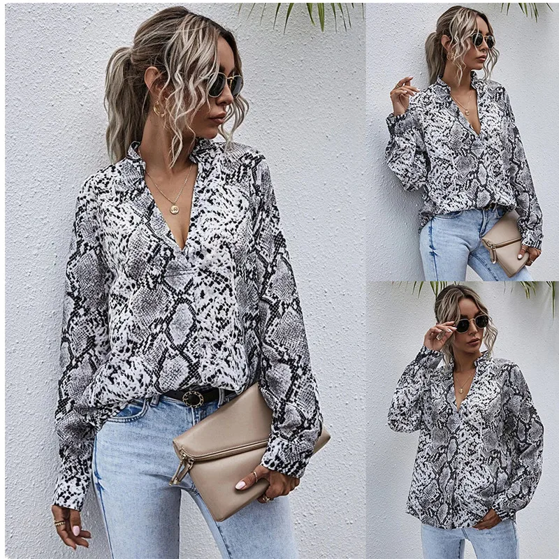 

Spring And Autumn New Fashion Deep V Neck Long Sleeve Loose Snakeskin Print Women's Chiffon Shirt 2021 Casual Loose Ladies Shirt