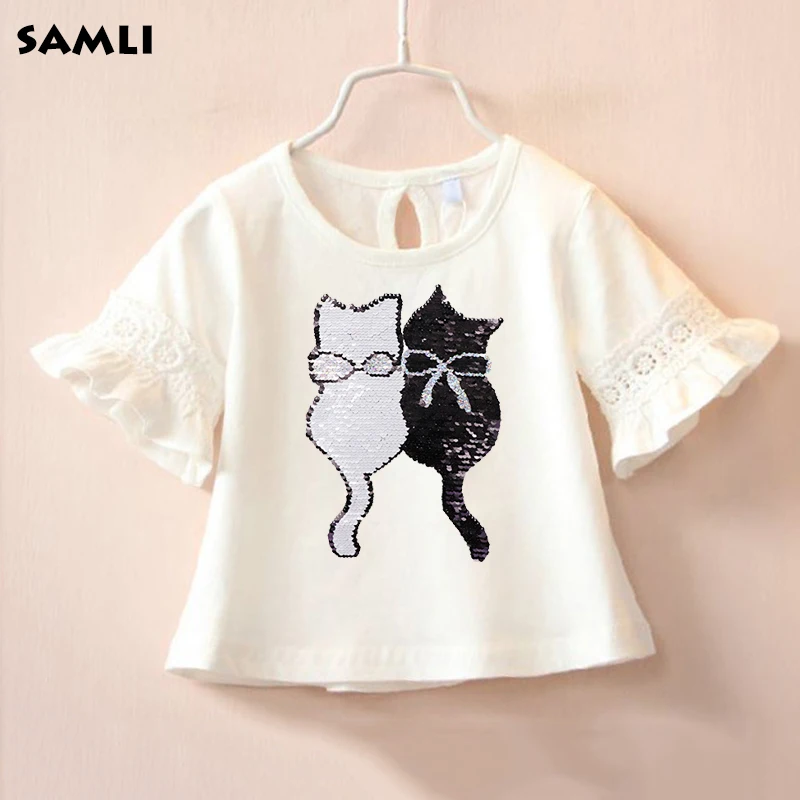 

Black White Cat Flip Sequins T-Shirt Girl Cotton Half-Sleeve Shirts Baby Kids Girl 2021 Summer Casual Children's Wear 2 Color