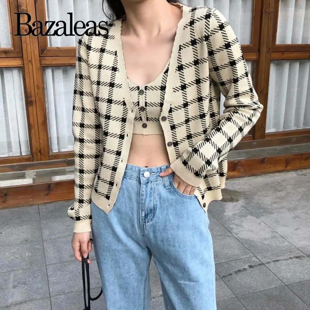 Bazaleas harajuku тартан вязаный женский костюм уличная укороченный топ и свитер