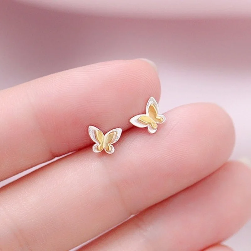 New S925 Silver Mini Ear Nails Female Korean Edition Fashion Sweet Golden Butterfly Earrings Temperament Simple Jewelry | Украшения и