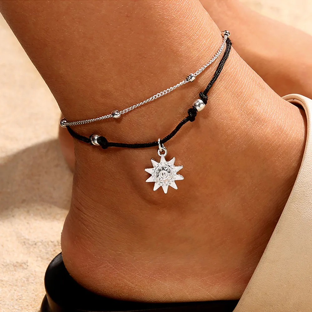

Double Chain Sun Anklet Jewelry Beach Section Anklets Beads Boho Foot Gothic Boho Barefoot Sandals Bracelets For Women