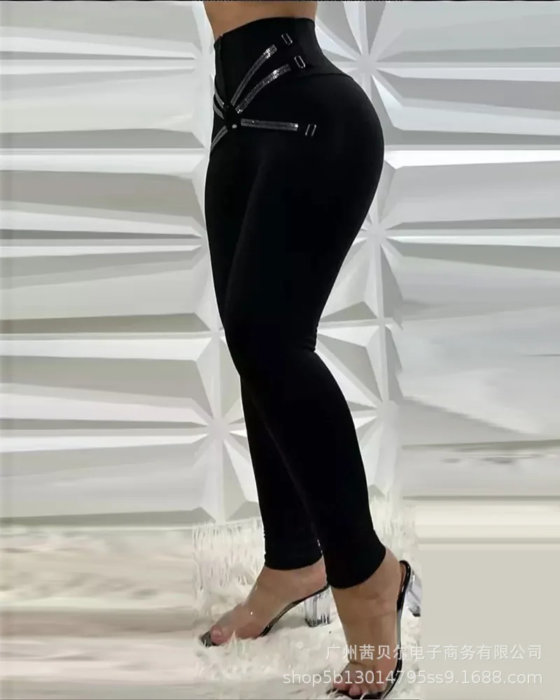 

Women Pencil Pants High Waist New Tie Black Solid Color Slim Trousers Bandage Ankle Length Skinny Women's Pencil Pants