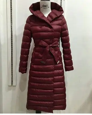 [Aiweier] Новые осенние зимние длинные женские пуховики, однотонный светильник с капюшоном и поясом, однотонные женские пуховики размера плюс, женские парки - Цвет: Red wine