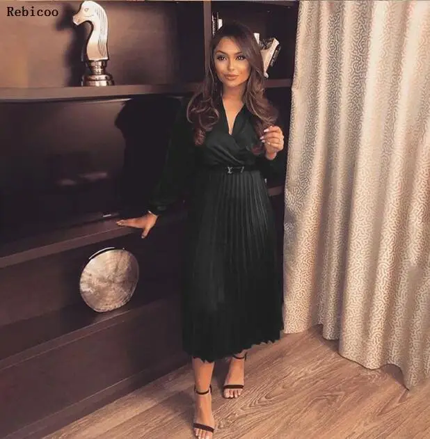 Женское длинное атласное платье с V-образным вырезом и длинным рукавом | Женская