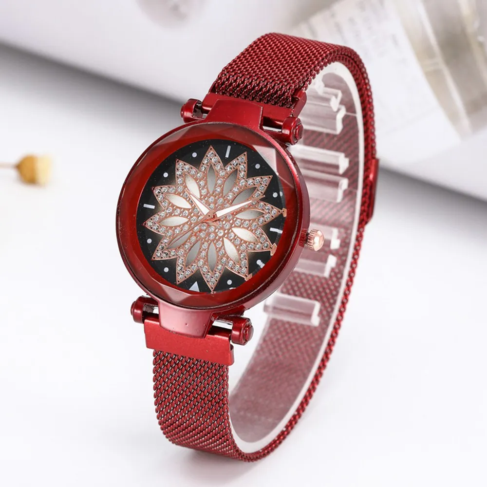 Новые модные женские часы с цветком и циферблатом бриллиантом магнитной пряжкой